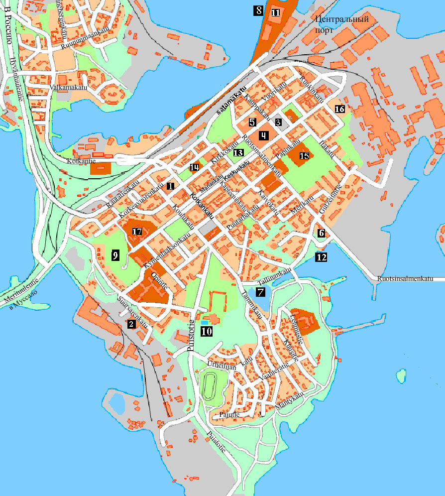 Карта города Котка с указанием расположения магазинов