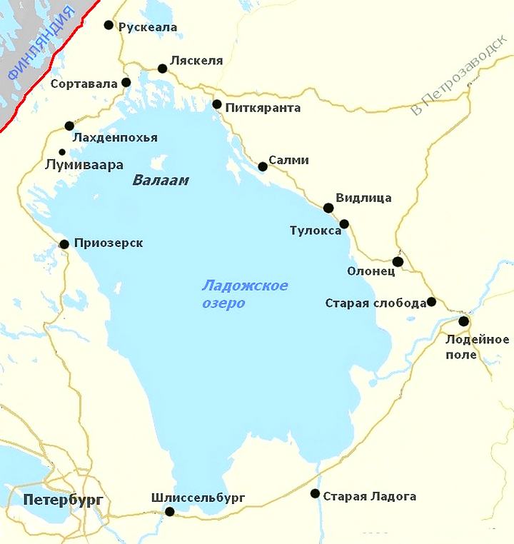 Карта автомобильного маршрута вокруг Ладоги