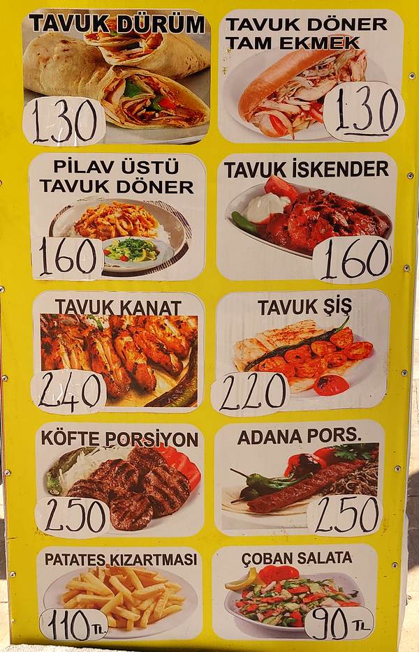 Цены в кафе в Турции - пример меню